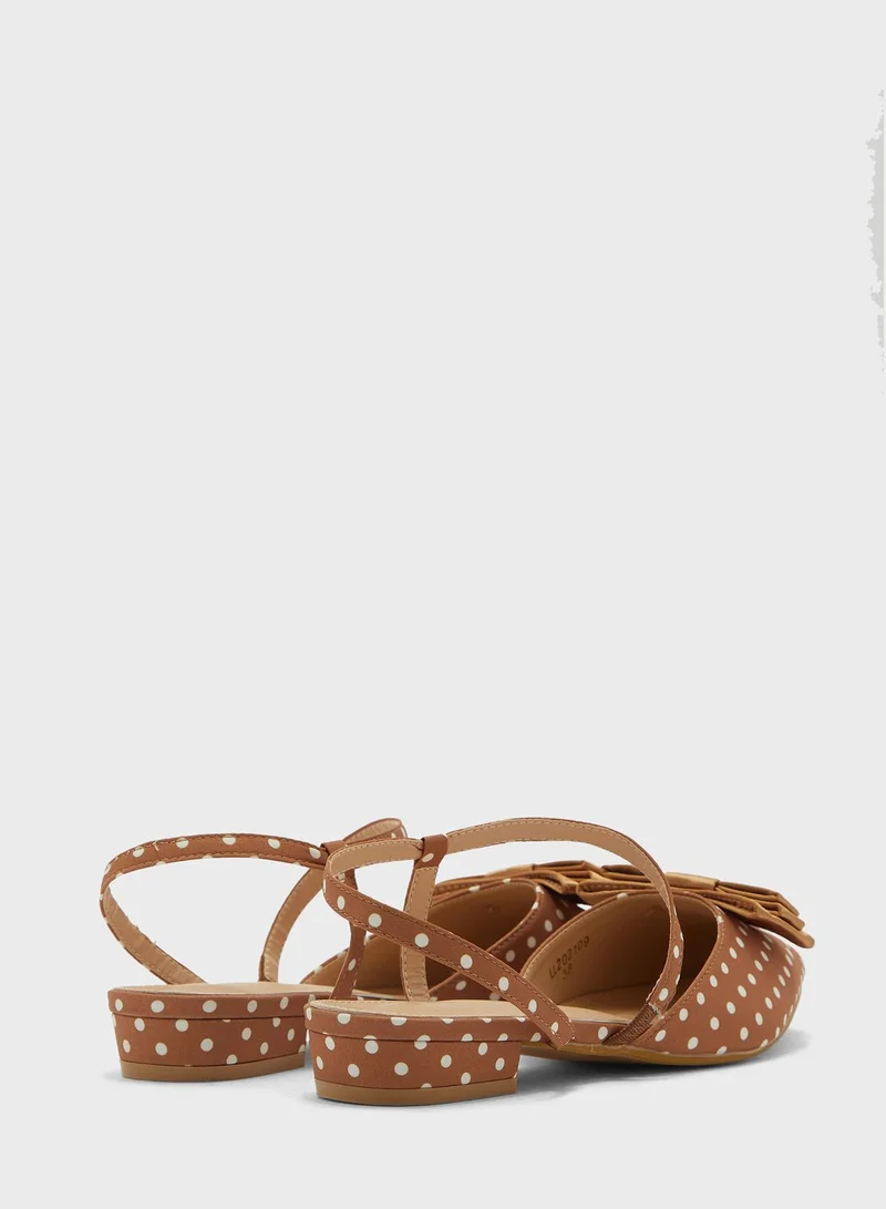 ELLA Bow Polka Dot Pointed Flat Shoe Tan
