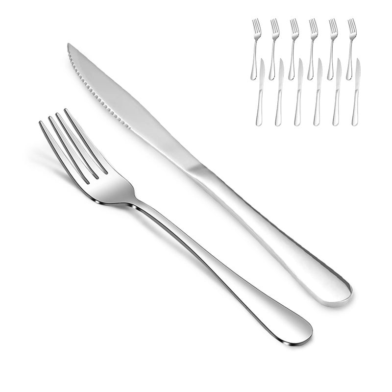 SANTUO 12 Pcs Silverware Set with 6 Steak Knives and 6 Dinner Forks,Flatware Set with Top Food Grade Stainless Steel,Tableware Cutlery Set For Home Restaurant Hotel, Mirror Finish, Dishwasher Safe - Image 1