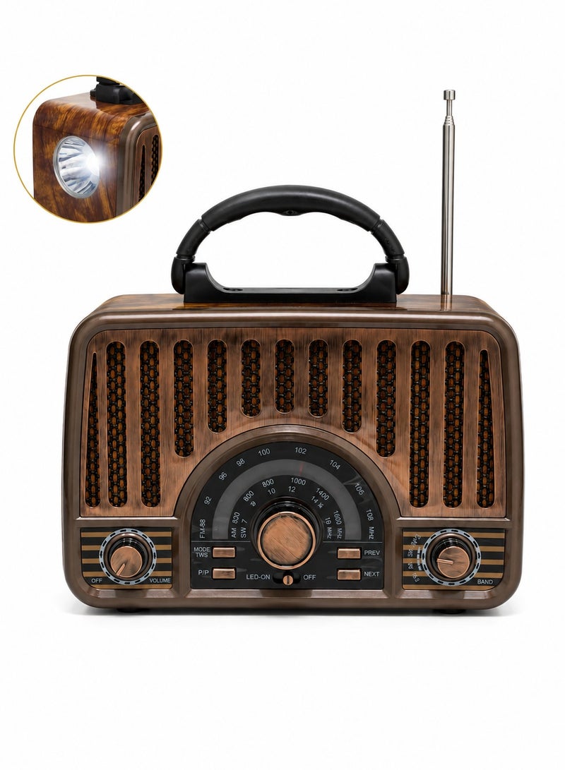 راديو محمول بتصميم كلاسيكي مقوس مع بلوتوث واستقبال FM وAM وSW بثلاث نطاقات وتشغيل USB وبطاقة TF وبطارية قابلة لإعادة الشحن ومصباح مدمج للاستخدام المنزلي والخارجي