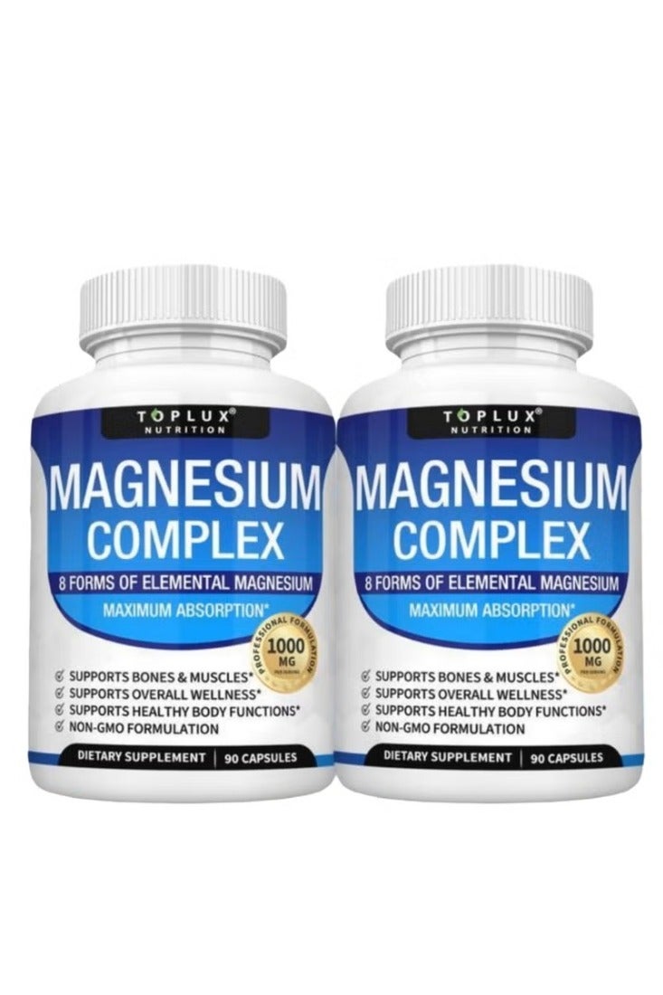 Toplux 2 Bottles Magnesium Complex Supplement 8 Elemental Magnesium 1000mg - Magnesium Glycinate, Citrate, Malate, Taurate, Chelated for Easy Absorption for Bones, Muscle, Recovery, Energy, Vegan Non-GMO - Image 1