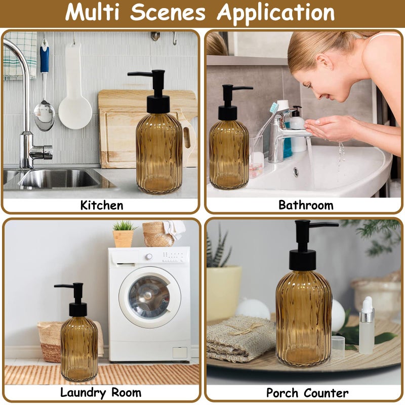 YYTSGG Brown Glass Soap Dispenser Set with Black Pump, 13.5oz Refillable Liquid Hand Dispenser, Vertical Stripe Lotion Dish Soap Dispenser for Modern Home Decor, Bathroom, Kitchen Countertop, Hotel(2 Pack) - Image 5
