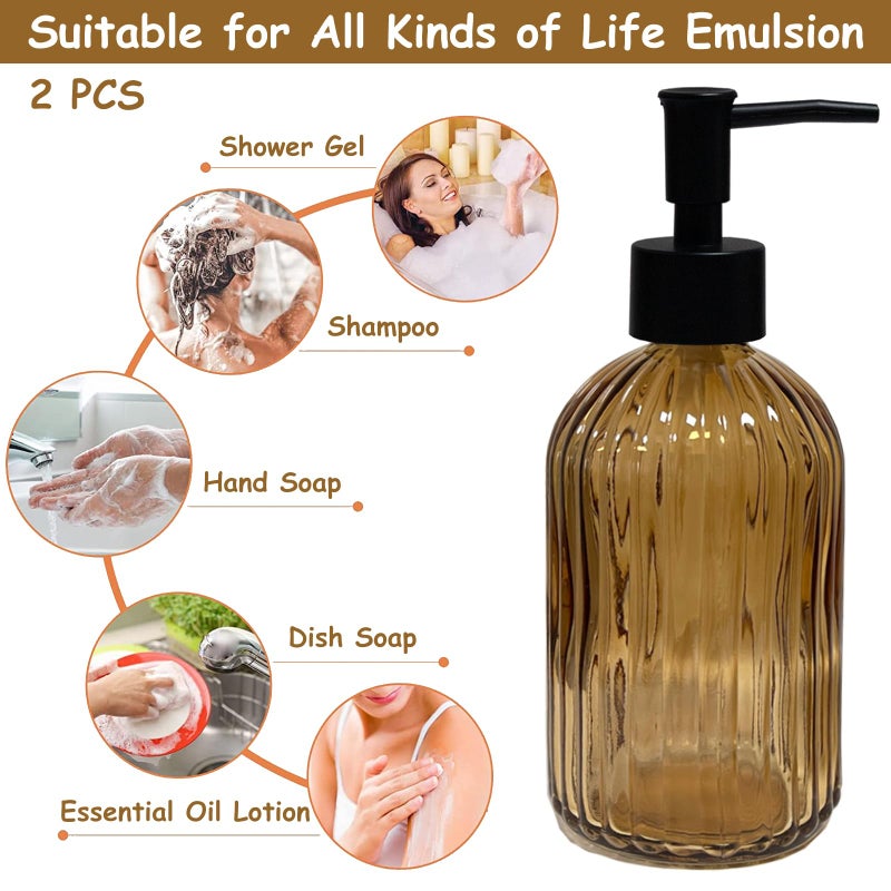 YYTSGG Brown Glass Soap Dispenser Set with Black Pump, 13.5oz Refillable Liquid Hand Dispenser, Vertical Stripe Lotion Dish Soap Dispenser for Modern Home Decor, Bathroom, Kitchen Countertop, Hotel(2 Pack) - Image 4