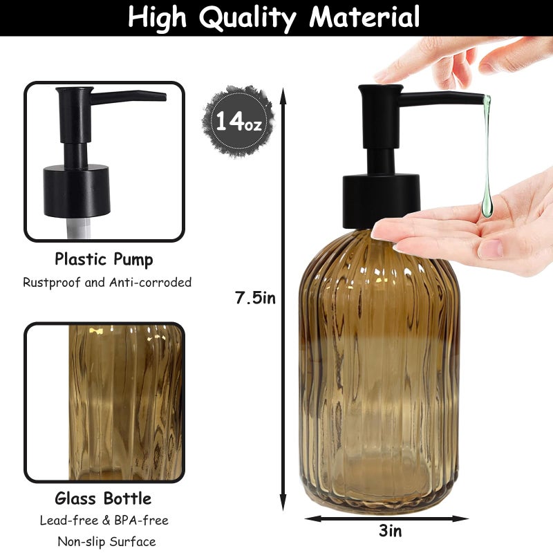 YYTSGG Brown Glass Soap Dispenser Set with Black Pump, 13.5oz Refillable Liquid Hand Dispenser, Vertical Stripe Lotion Dish Soap Dispenser for Modern Home Decor, Bathroom, Kitchen Countertop, Hotel(2 Pack) - Image 2