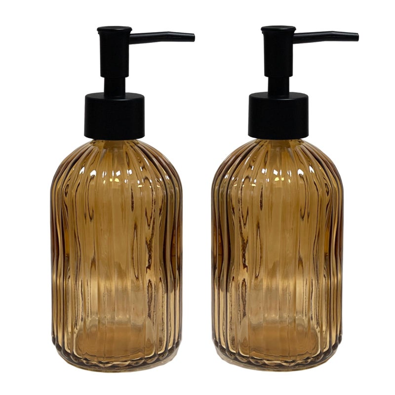 YYTSGG Brown Glass Soap Dispenser Set with Black Pump, 13.5oz Refillable Liquid Hand Dispenser, Vertical Stripe Lotion Dish Soap Dispenser for Modern Home Decor, Bathroom, Kitchen Countertop, Hotel(2 Pack) - Image 1