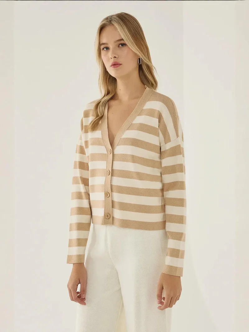 HICCUP Striped V-Neck Cardigan with Button Detail