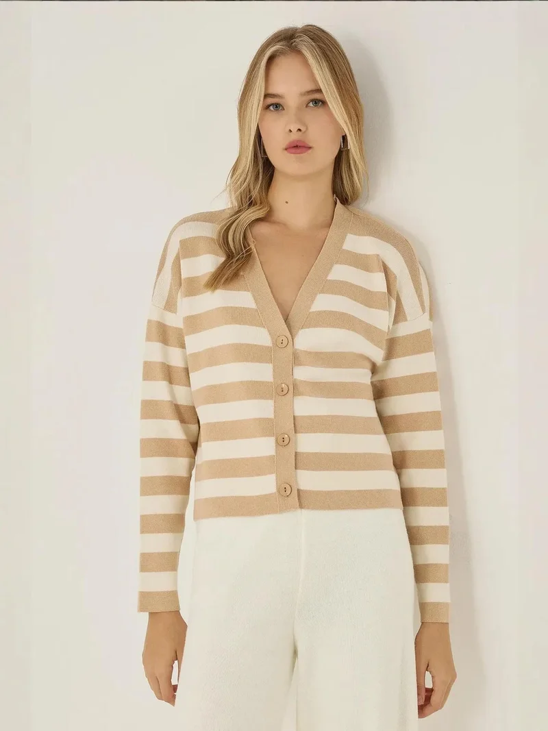 HICCUP Striped V-Neck Cardigan with Button Detail