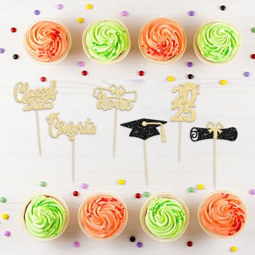 Ephlyn 24Pcs Graduation Cupcake Toppers 2025 Gold Glitter Class of 2025 Cupcake Toppers Supplies 2025 Congrats Grad Cap Diploma Cupcake Picks for Graduation Party Decorations 2025 - Image 3