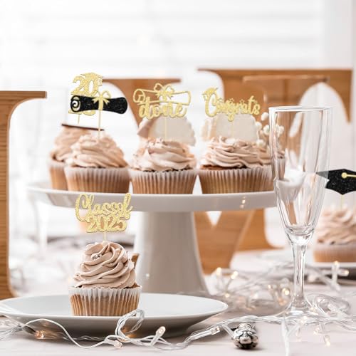 Ephlyn 24Pcs Graduation Cupcake Toppers 2025 Gold Glitter Class of 2025 Cupcake Toppers Supplies 2025 Congrats Grad Cap Diploma Cupcake Picks for Graduation Party Decorations 2025 - Image 5