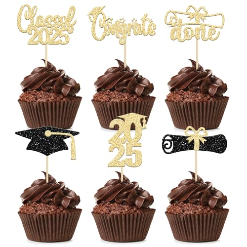 Ephlyn 24Pcs Graduation Cupcake Toppers 2025 Gold Glitter Class of 2025 Cupcake Toppers Supplies 2025 Congrats Grad Cap Diploma Cupcake Picks for Graduation Party Decorations 2025 - Image 1