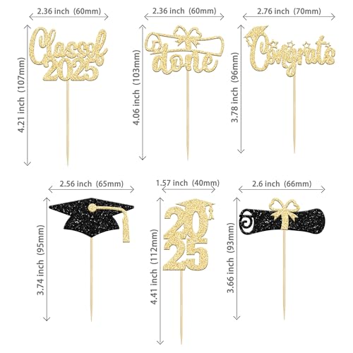 Ephlyn 24Pcs Graduation Cupcake Toppers 2025 Gold Glitter Class of 2025 Cupcake Toppers Supplies 2025 Congrats Grad Cap Diploma Cupcake Picks for Graduation Party Decorations 2025 - Image 2