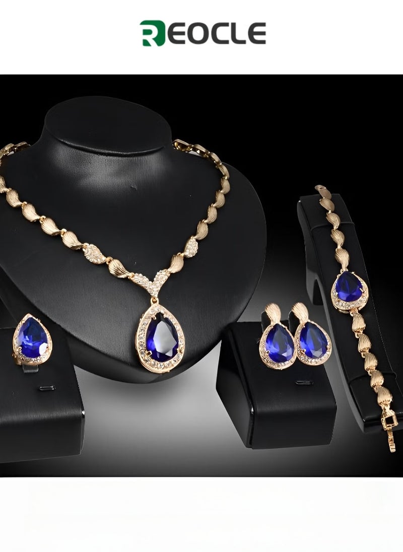 REOCLE Women's Jewelry Set Luxury Africa Dubai 18k Gold Plated Set Rhinestone Crystal Necklace Earrings Bracelet Ring Set for Brides & Party & Prom & Wedding 