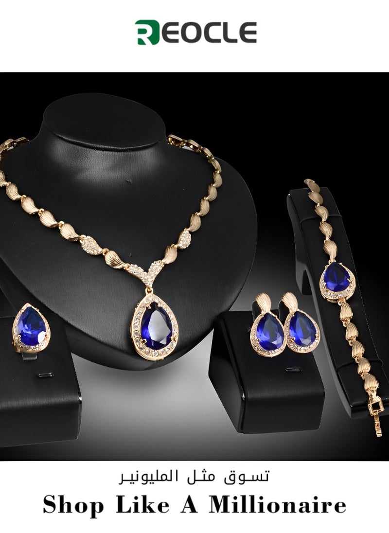 REOCLE Women's Jewelry Set Luxury Africa Dubai 18k Gold Plated Set Rhinestone Crystal Necklace Earrings Bracelet Ring Set for Brides & Party & Prom & Wedding 