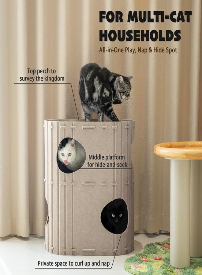 PETKARAY 2-Story Felt Cat House, Large Bed Cave for Indoor Cats, Felt Tunnel Hideaway Condo for Multi-Cat Households, 23.6x22x12 inches, Grey - Image 3
