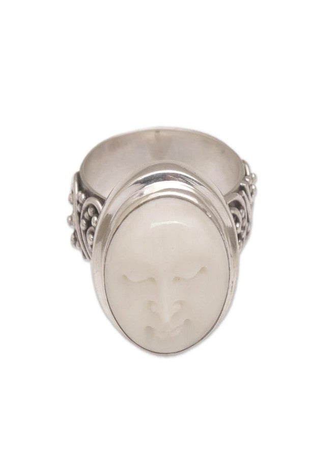 نوفيكا خاتم كوكتيل من الفضة الإسترلينية مصنوع يدويًا من نوفيكا، مزين بنقش وجه من العظم على شكل هلال إندونيسي [تاج مرصع بحجر كريم، ارتفاع 0.4 بوصة × قطر 0.6 بوصة، عرض السوار 6 مم] "سكينة هادئة" - Image 5
