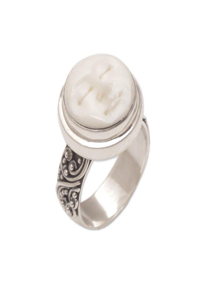 نوفيكا خاتم كوكتيل من الفضة الإسترلينية مصنوع يدويًا من نوفيكا، مزين بنقش وجه من العظم على شكل هلال إندونيسي [تاج مرصع بحجر كريم، ارتفاع 0.4 بوصة × قطر 0.6 بوصة، عرض السوار 6 مم] "سكينة هادئة" - Image 1