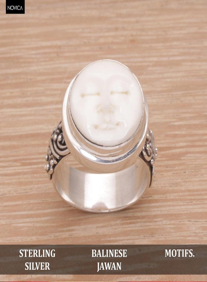 نوفيكا خاتم كوكتيل من الفضة الإسترلينية مصنوع يدويًا من نوفيكا، مزين بنقش وجه من العظم على شكل هلال إندونيسي [تاج مرصع بحجر كريم، ارتفاع 0.4 بوصة × قطر 0.6 بوصة، عرض السوار 6 مم] "سكينة هادئة" - Image 2