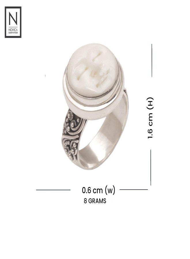 نوفيكا خاتم كوكتيل من الفضة الإسترلينية مصنوع يدويًا من نوفيكا، مزين بنقش وجه من العظم على شكل هلال إندونيسي [تاج مرصع بحجر كريم، ارتفاع 0.4 بوصة × قطر 0.6 بوصة، عرض السوار 6 مم] "سكينة هادئة" - Image 3
