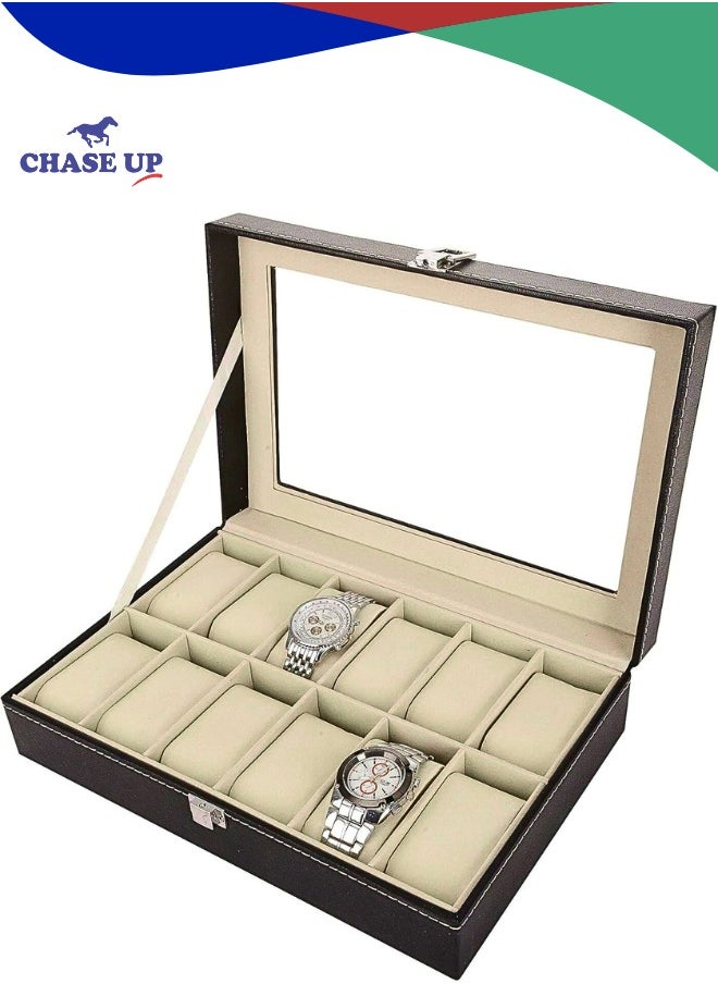 Chase Up 12 Slots Watch Box Organizer for Men, Mens Watches Display Case Personalized Jewelry Storage Box Holder with Drawer for Cufflinks Sunglasses Rings Necklaces and Other Jewellery - Black  - Image 1