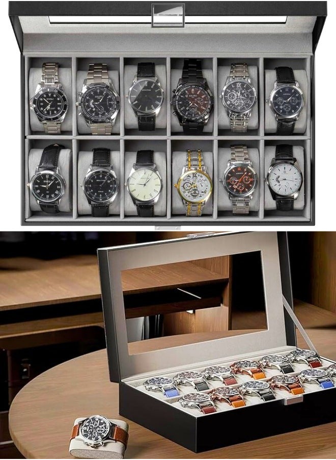 Chase Up 12 Slots Watch Box Organizer for Men, Mens Watches Display Case Personalized Jewelry Storage Box Holder with Drawer for Cufflinks Sunglasses Rings Necklaces and Other Jewellery - Black  - Image 2