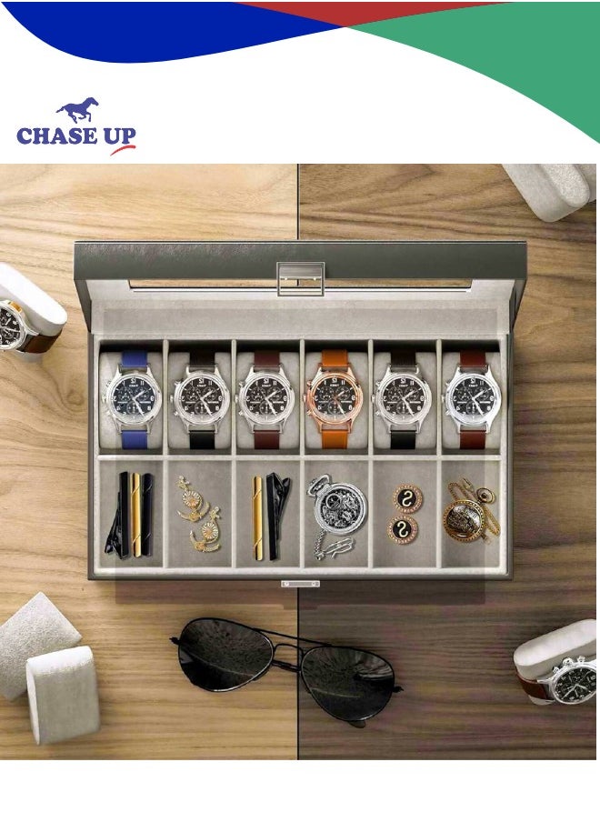 Chase Up 12 Slots Watch Box Organizer for Men, Mens Watches Display Case Personalized Jewelry Storage Box Holder with Drawer for Cufflinks Sunglasses Rings Necklaces and Other Jewellery - Black  - Image 3
