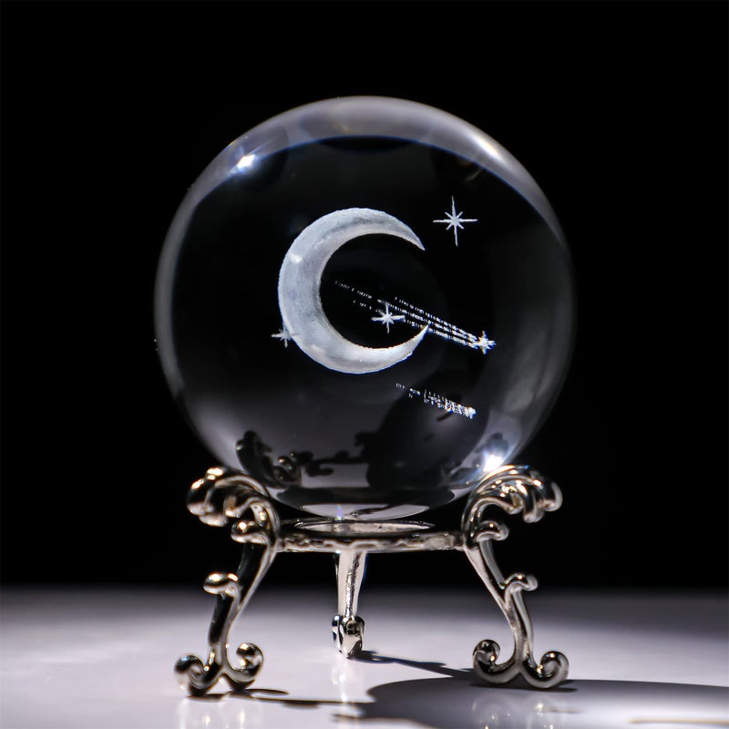 HDCRYSTALGIFTS 60mm (2.3 Inch) 3D Laser Engraved Half Moon & Meteor Crystal Ball with Metal Stand Paperweight Glass Full Sphere Decorative Ball Home Decoration - Image 1