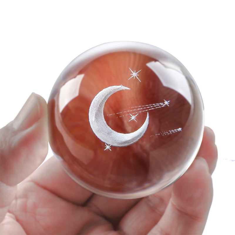 HDCRYSTALGIFTS 60mm (2.3 Inch) 3D Laser Engraved Half Moon & Meteor Crystal Ball with Metal Stand Paperweight Glass Full Sphere Decorative Ball Home Decoration - Image 2