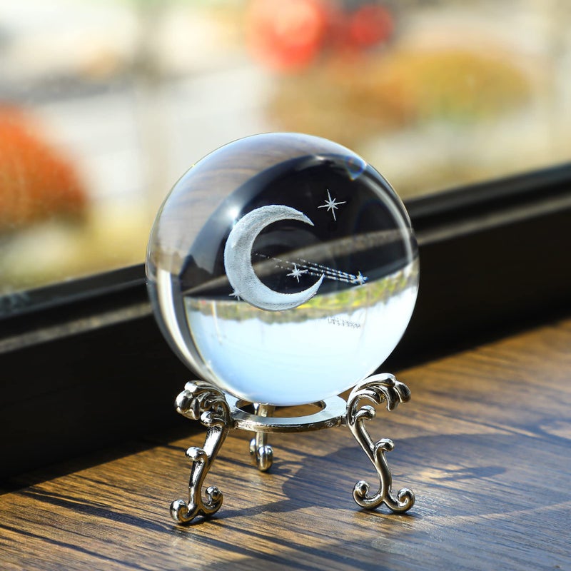 HDCRYSTALGIFTS 60mm (2.3 Inch) 3D Laser Engraved Half Moon & Meteor Crystal Ball with Metal Stand Paperweight Glass Full Sphere Decorative Ball Home Decoration - Image 4