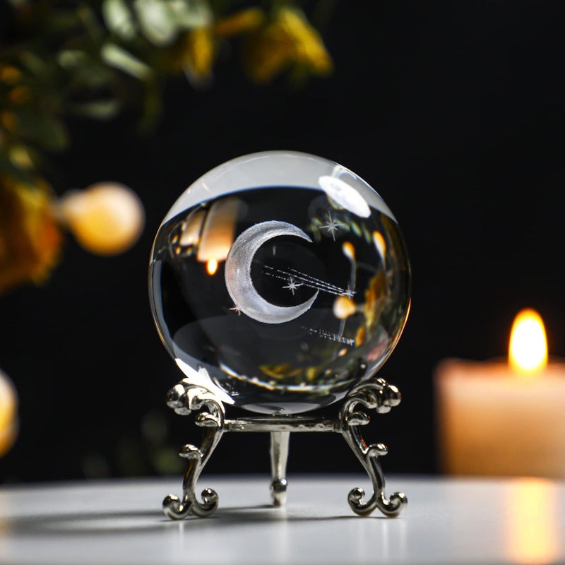 HDCRYSTALGIFTS 60mm (2.3 Inch) 3D Laser Engraved Half Moon & Meteor Crystal Ball with Metal Stand Paperweight Glass Full Sphere Decorative Ball Home Decoration - Image 3
