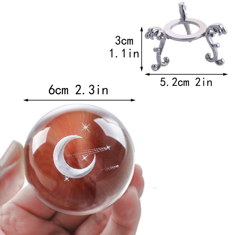 HDCRYSTALGIFTS 60mm (2.3 Inch) 3D Laser Engraved Half Moon & Meteor Crystal Ball with Metal Stand Paperweight Glass Full Sphere Decorative Ball Home Decoration - Image 5