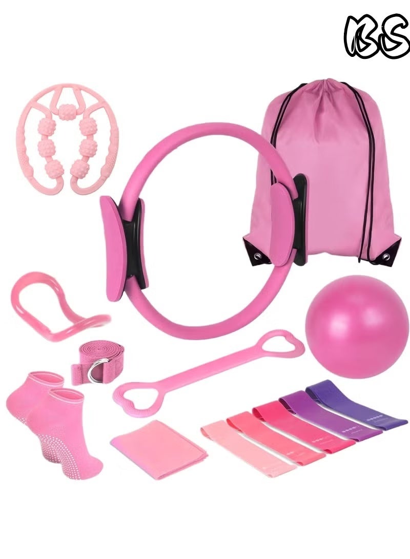 BS This 14-piece Pilates ring set includes a yoga fitness magic ring, a 9.8-inch exercise ball, resistance bands, and Pilates equipment accessories. It's suitable for home gyms, shaping, and fitness, and also makes a great fitness gift. - Image 1