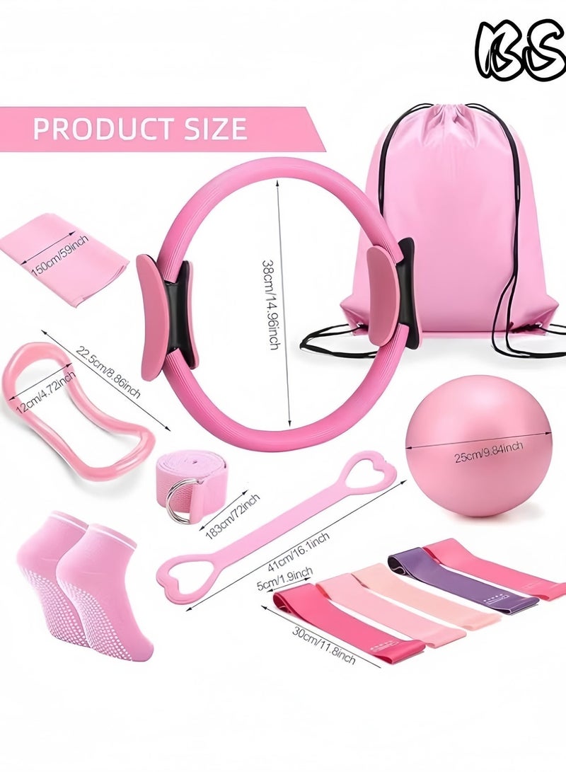 BS 14-Piece Pilates Fitness Equipment Set for Women | Fitness Set, Pilates Set, Foam Roller, Yoga | Includes a 9.8-inch exercise ball, magic circle, yoga circle, resistance band, non-slip socks, and other Pilates equipment | Perfect for full-body workouts and stretching, and comes with a tote bag (pink). - Image 4