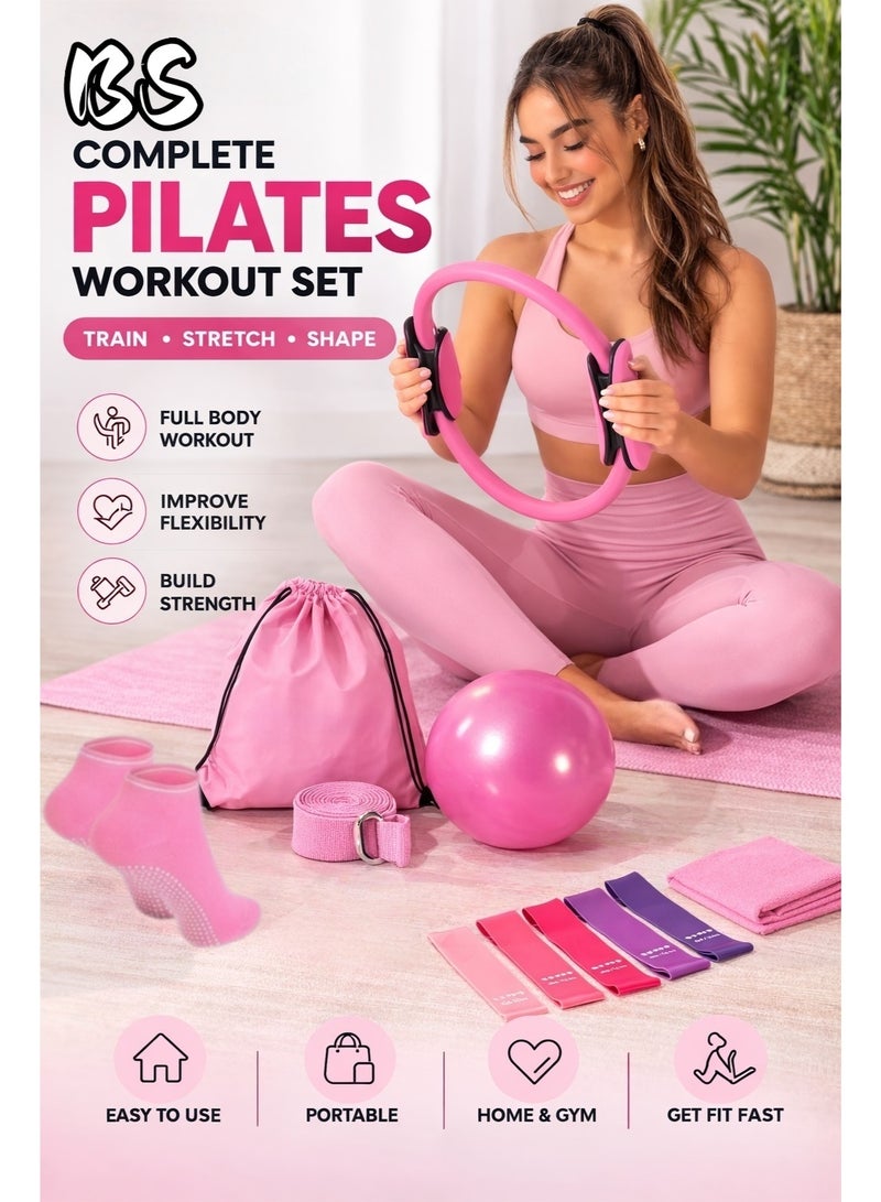 BS 14-Piece Pilates Fitness Equipment Set for Women | Fitness Set, Pilates Set, Foam Roller, Yoga | Includes a 9.8-inch exercise ball, magic circle, yoga circle, resistance band, non-slip socks, and other Pilates equipment | Perfect for full-body workouts and stretching, and comes with a tote bag (pink). - Image 2