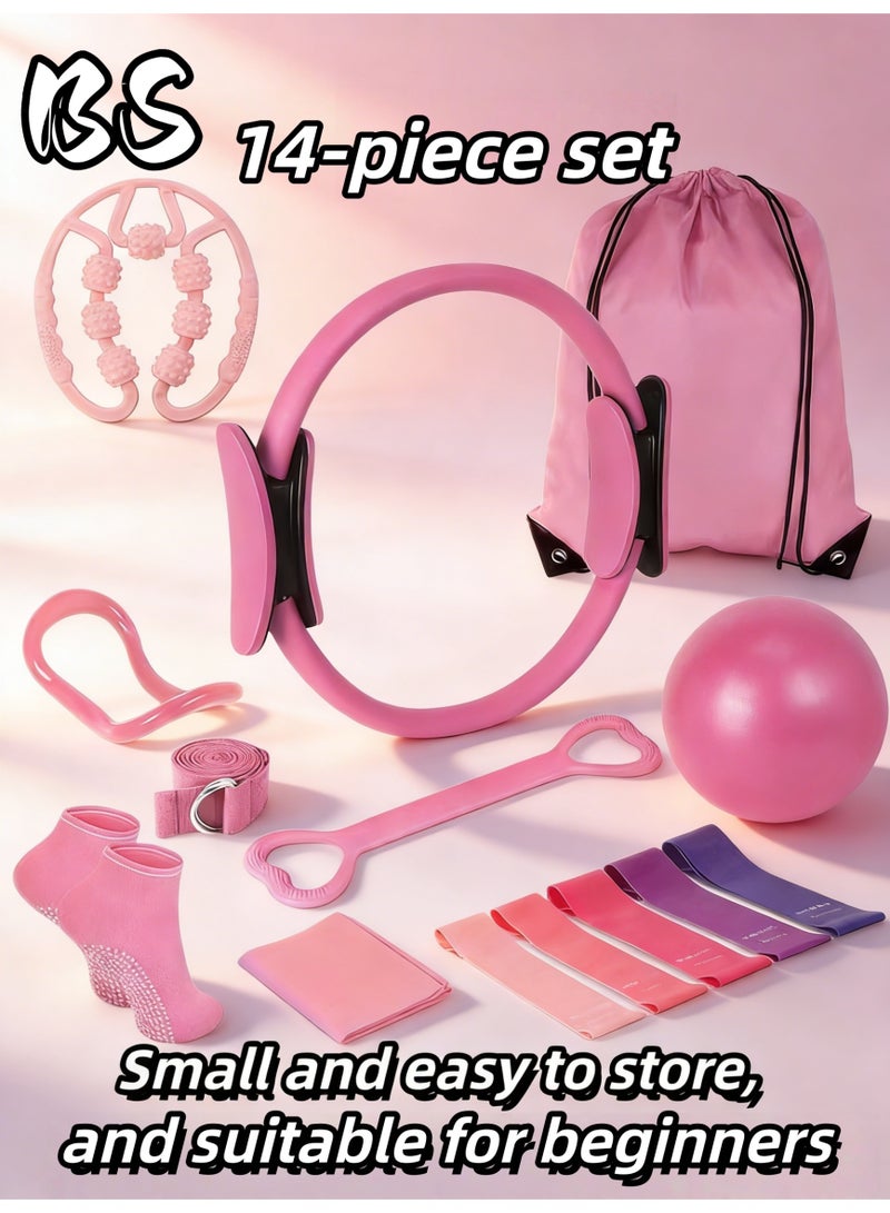 BS 14-Piece Pilates Fitness Equipment Set for Women | Fitness Set, Pilates Set, Foam Roller, Yoga | Includes a 9.8-inch exercise ball, magic circle, yoga circle, resistance band, non-slip socks, and other Pilates equipment | Perfect for full-body workouts and stretching, and comes with a tote bag (pink). - Image 1