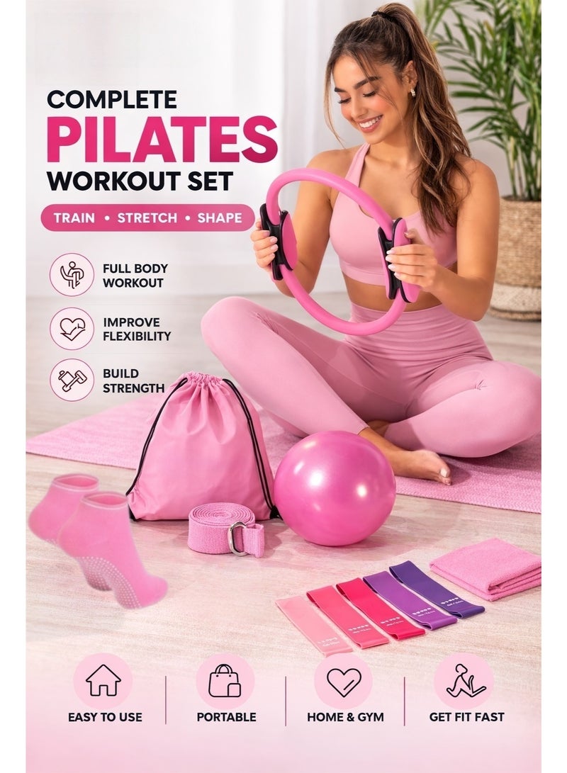 BS 14-Piece Pilates Fitness Equipment Set for Women – Foam Roller, Ball, Magic Circle & Bands, Pink - Image 2