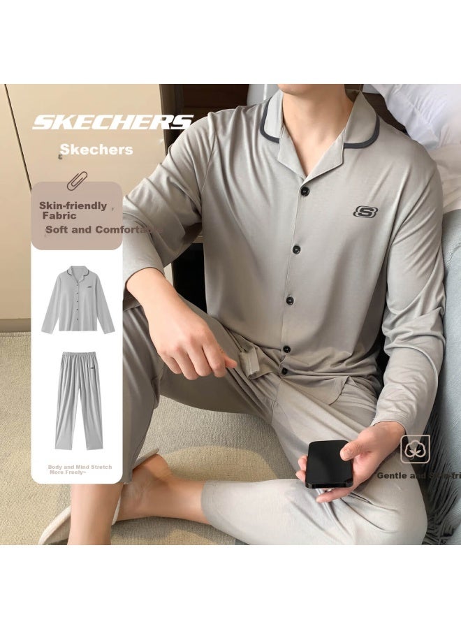 Skechers Men's Autumn Winter Pajama Set Long Sleeve Cardigan Collar Loose Fit Plus Size Loungewear Sleepwear Set