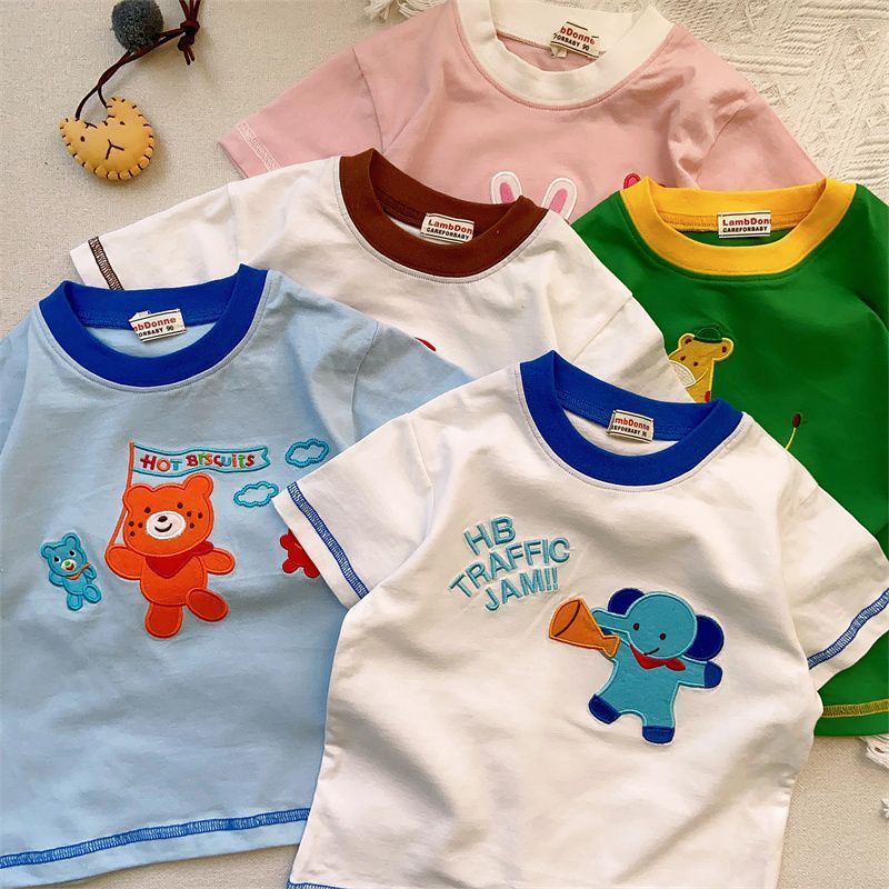 100% Pure Cotton Style Men'S And Women'S Small And Medium-Sized Kidsren'S Baby Style Heavy-Duty Patch Embroidered Short-Sleeved T-Shirt Tops - Image 5