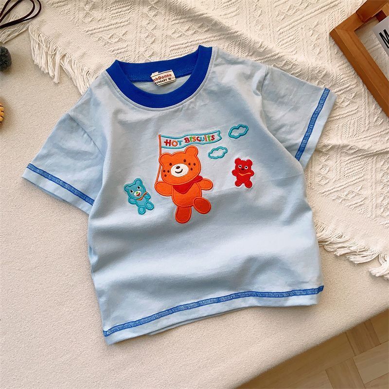 100% Pure Cotton Style Men'S And Women'S Small And Medium-Sized Kidsren'S Baby Style Heavy-Duty Patch Embroidered Short-Sleeved T-Shirt Tops - Image 1