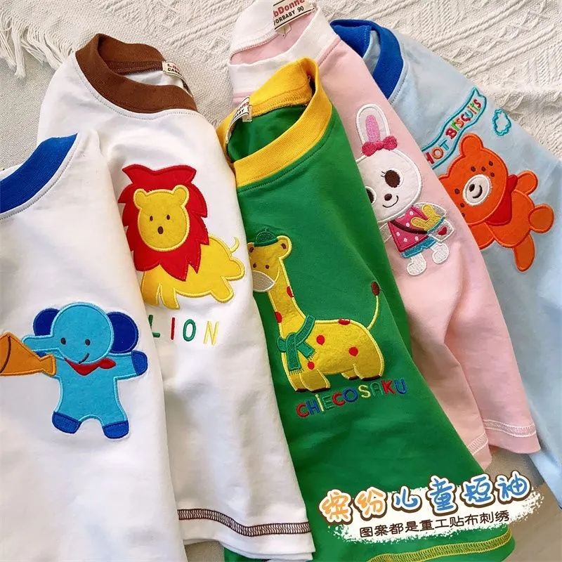 100% Pure Cotton Style Men'S And Women'S Small And Medium-Sized Kidsren'S Baby Style Heavy-Duty Patch Embroidered Short-Sleeved T-Shirt Tops - Image 3