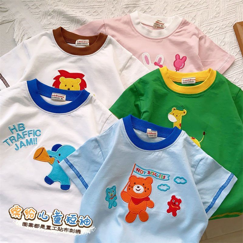 100% Pure Cotton Style Men'S And Women'S Small And Medium-Sized Kidsren'S Baby Style Heavy-Duty Patch Embroidered Short-Sleeved T-Shirt Tops - Image 4