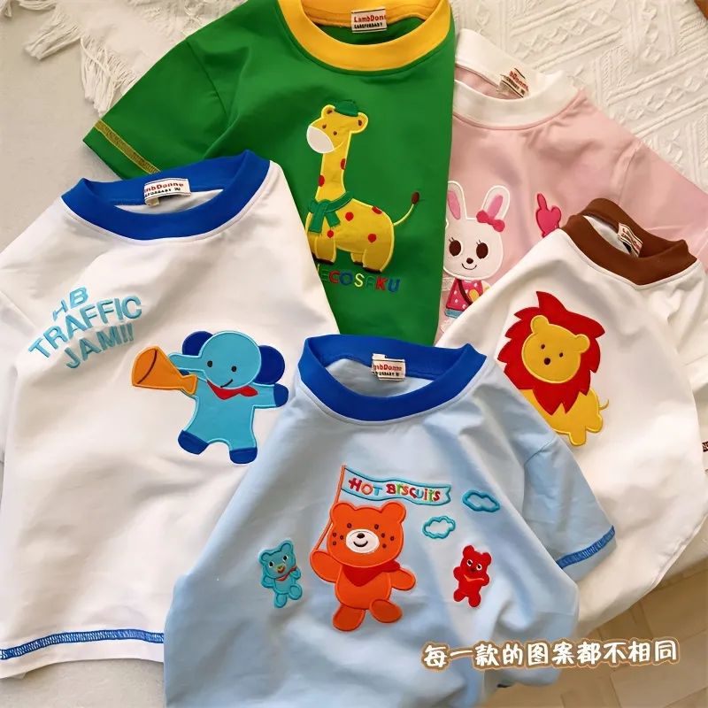 100% Pure Cotton Style Men'S And Women'S Small And Medium-Sized Kidsren'S Baby Style Heavy-Duty Patch Embroidered Short-Sleeved T-Shirt Tops - Image 2