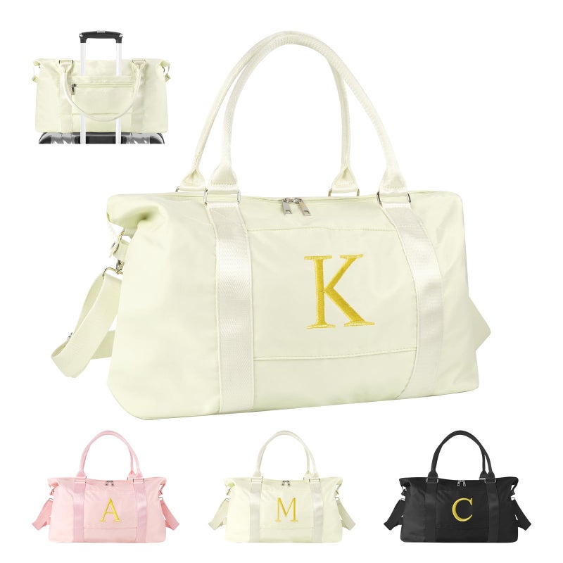 Iqimott Personalized Initial Gym Dance Bag Travel Duffel Bag for Teen Girls Carry On Bag Overnight Weekender Bag with Trolley Sleeve Birthday Gifts for Women Mom Daughter Graduation GiftLetter K Beige - Image 2