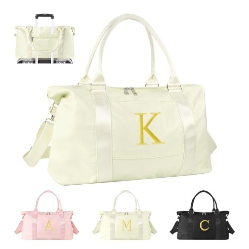 Iqimott Personalized Initial Gym Dance Bag Travel Duffel Bag for Teen Girls Carry On Bag Overnight Weekender Bag with Trolley Sleeve Birthday Gifts for Women Mom Daughter Graduation GiftLetter K Beige - Image 1