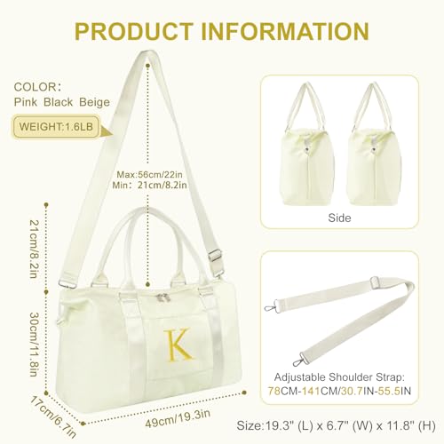 Iqimott Personalized Initial Gym Dance Bag Travel Duffel Bag for Teen Girls Carry On Bag Overnight Weekender Bag with Trolley Sleeve Birthday Gifts for Women Mom Daughter Graduation GiftLetter K Beige - Image 3