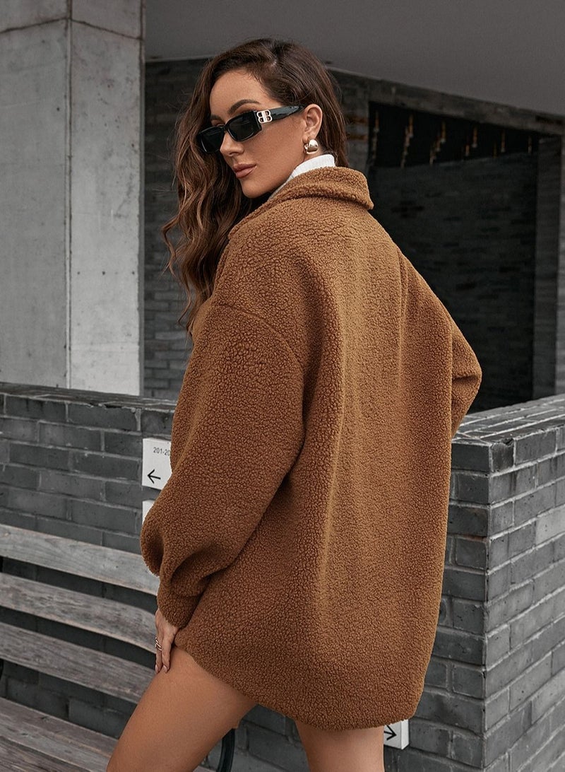 Loquat Single Breasted Lapel Cardigan Long Coat Brown  - Image 3