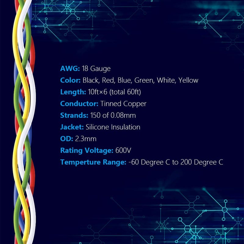 Fermerry 18 AWG Stranded Wire Spool 10ft Each 6 Colors Flexible 18 Gauge Silicone Hook up Wire Kit Electrical Tinned Copper Wire - Image 2