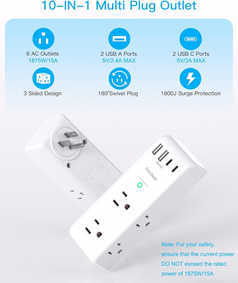 One Beat Surge Protector Outlet Extender - with Rotating Plug, 6 AC Multi Plug Outlet with 4 USB Ports (2 USB C), 1800J Wall Charger, 3-Sided Power Strip with Spaced Outlet Splitter for Home, Office, Travel - Image 3