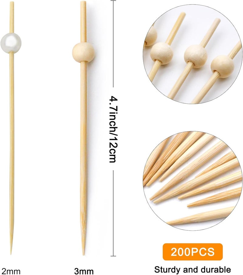 BLUETOP 200PCS Wood Pearl Cocktail Picks for Drinks&Food, 4.7 Inch Fancy Decorative Cocktail Toothpicks Food Picks, Decorative Bamboo picks for Halloween Parties Bar Hotel Events July 4th - Image 2