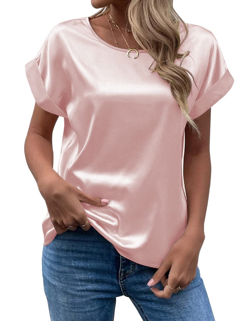 Chigant Women's Satin Blouse Short Sleeve Casual Loose Silk Tops Shirt(Pink,Medium) - Image 1