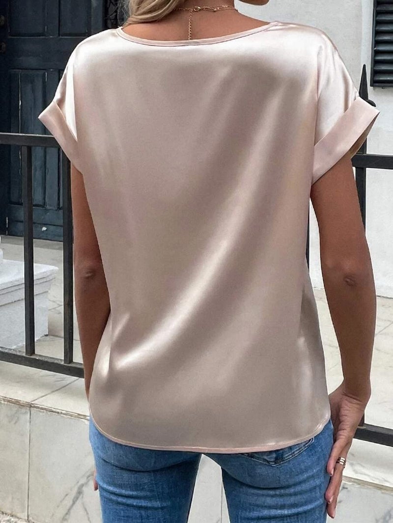 Chigant Women's Satin Blouse Short Sleeve Casual Loose Silk Tops Shirt(Pink,Medium) - Image 4