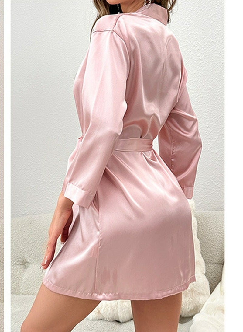 Loquat Women's Imitation Silk Solid Color Nightgown Night-Robe Soft Bathrobe Loungewear Pink - Image 2